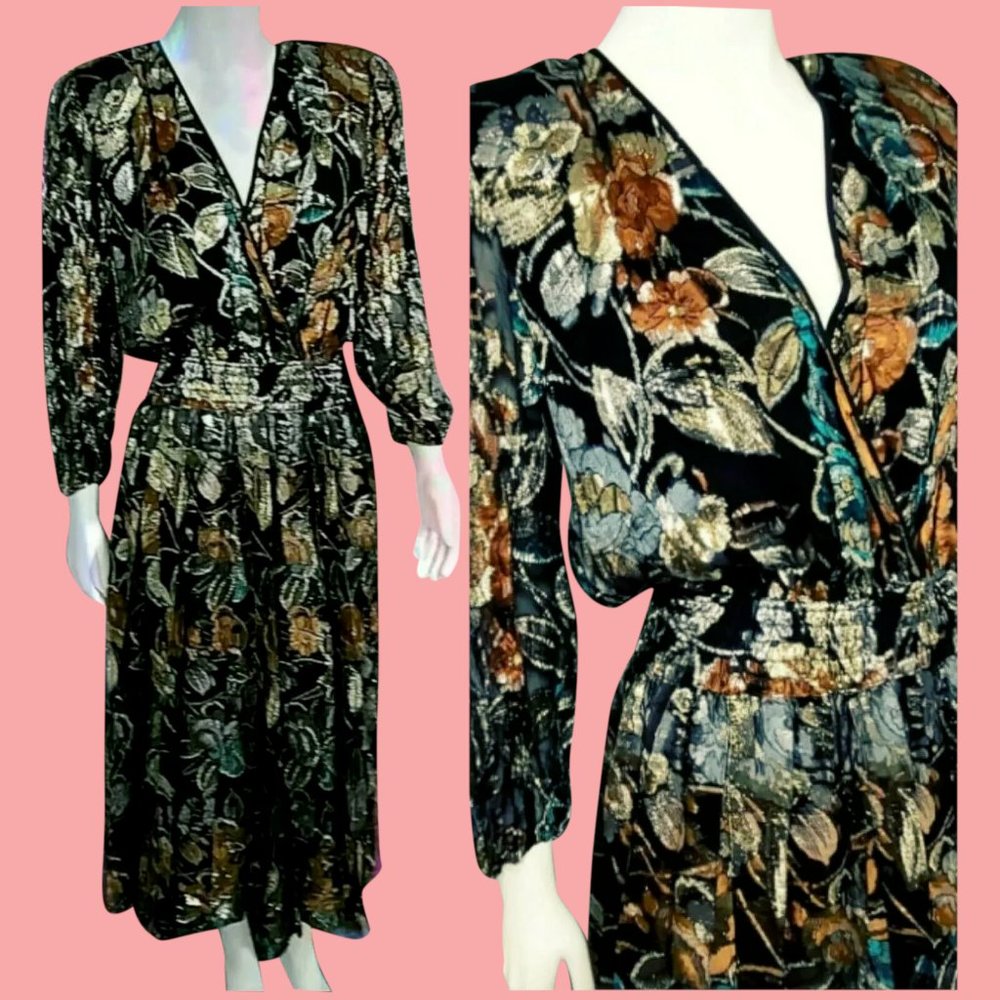 NWT DIANE FREIS $895 boho 1980s Metallic Dress